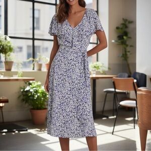 NWT Lauren by Ralph Lauren Belted Floral Bubble‎ Crepe Midi Dress Twee